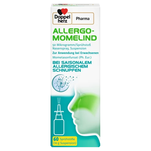 Abbildung der Produktverpackung DoppelherzPharma ALLERGO-MOMELIND 50 Mikrogramm/Sprühstoß Nasenspray, Suspension Frontansicht